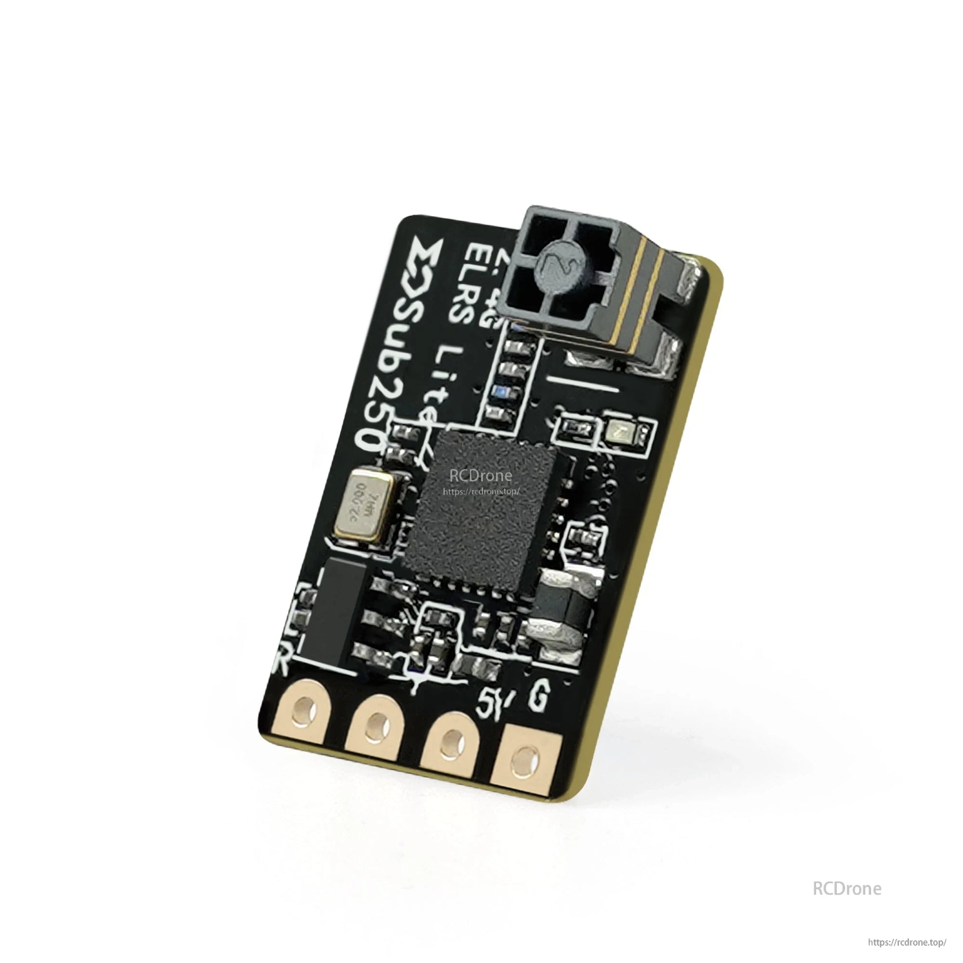 Angled rear view showing component layout and U.FL antenna connector on Sub250 ELRS Lite board