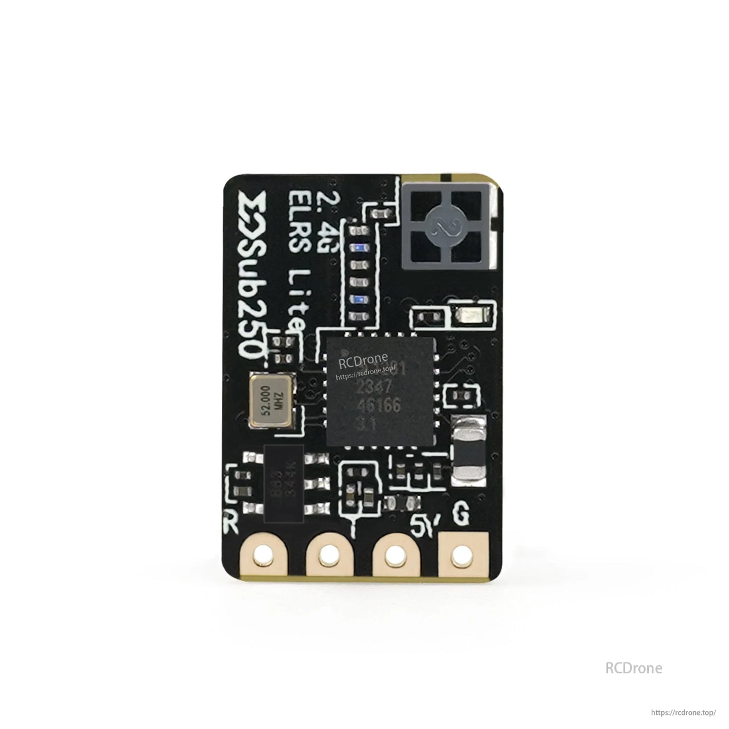 Rear side of receiver PCB showing components and U.FL antenna connector, pads marked 5V and G