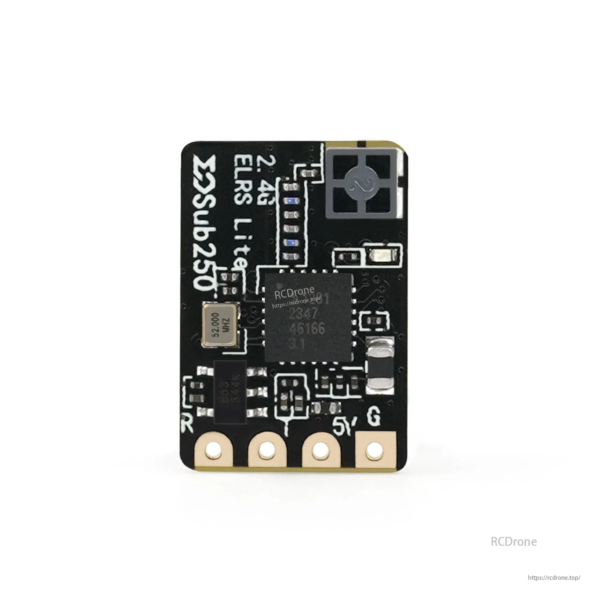 Rear side of receiver PCB showing components and U.FL antenna connector, pads marked 5V and G