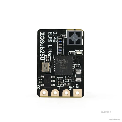 Rear side of receiver PCB showing components and U.FL antenna connector, pads marked 5V and G