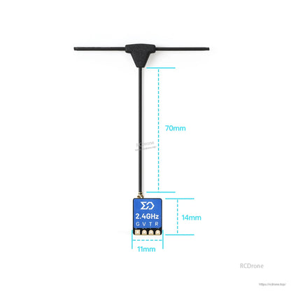 T-antenna and nano receiver size diagram showing 70mm antenna lead and 11×14mm board
