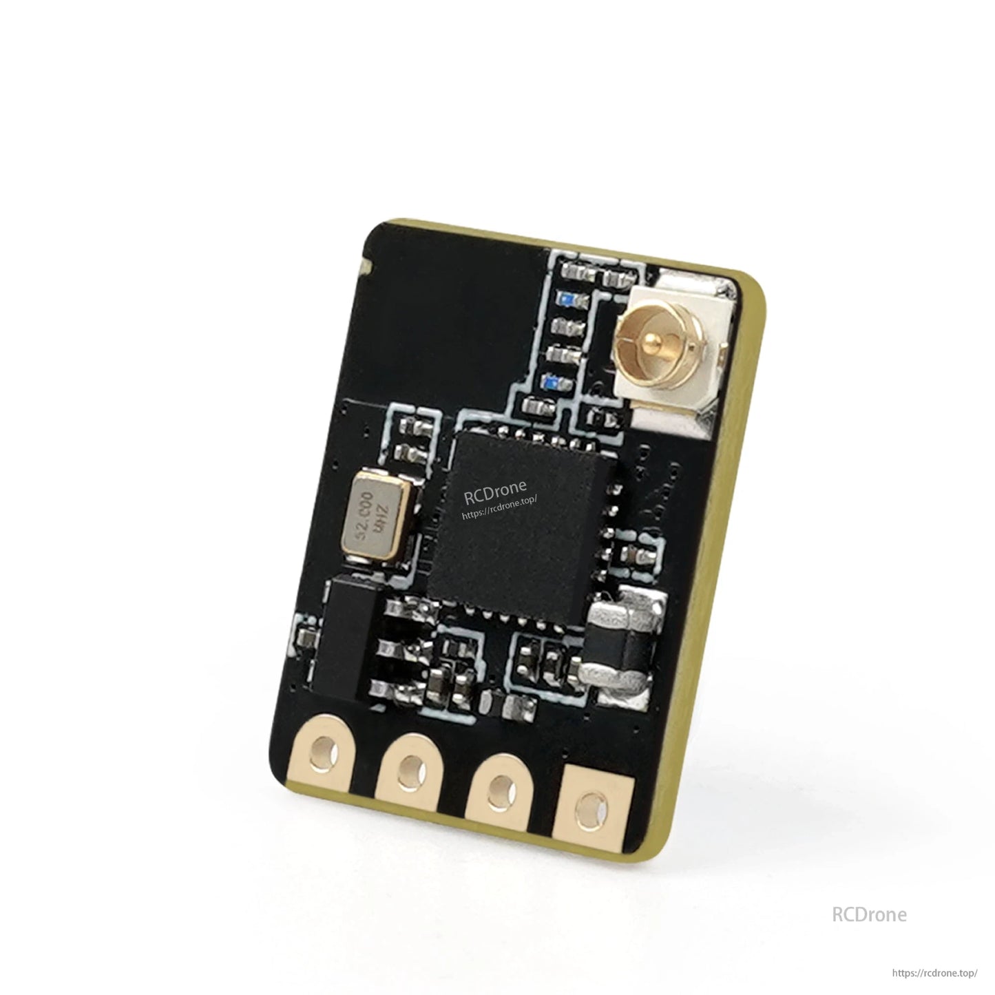 Angled rear PCB view showing U.FL antenna port, main chip, and solder pad row