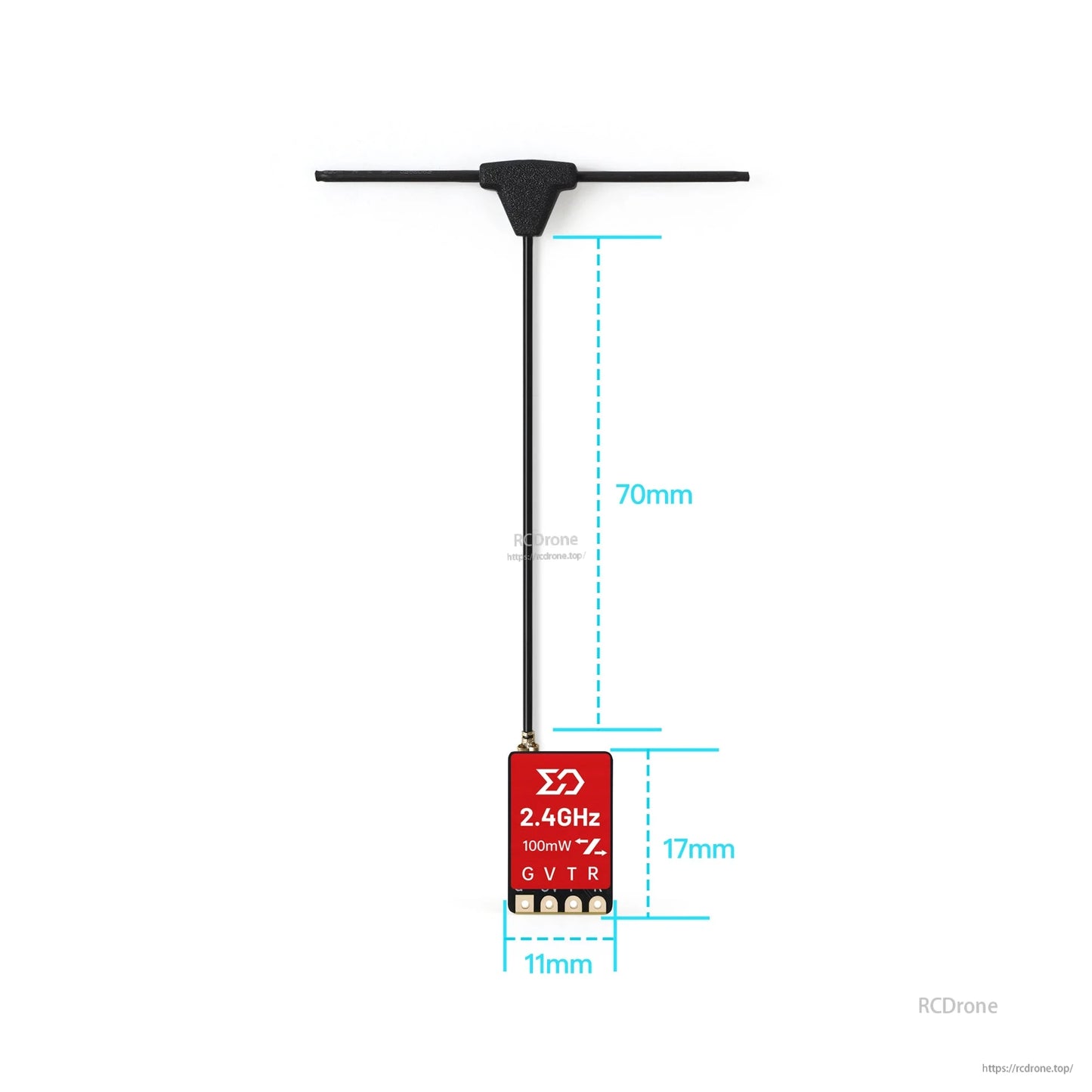 Receiver with T-style antenna and size diagram showing 70mm antenna lead, 17mm height, 11mm width