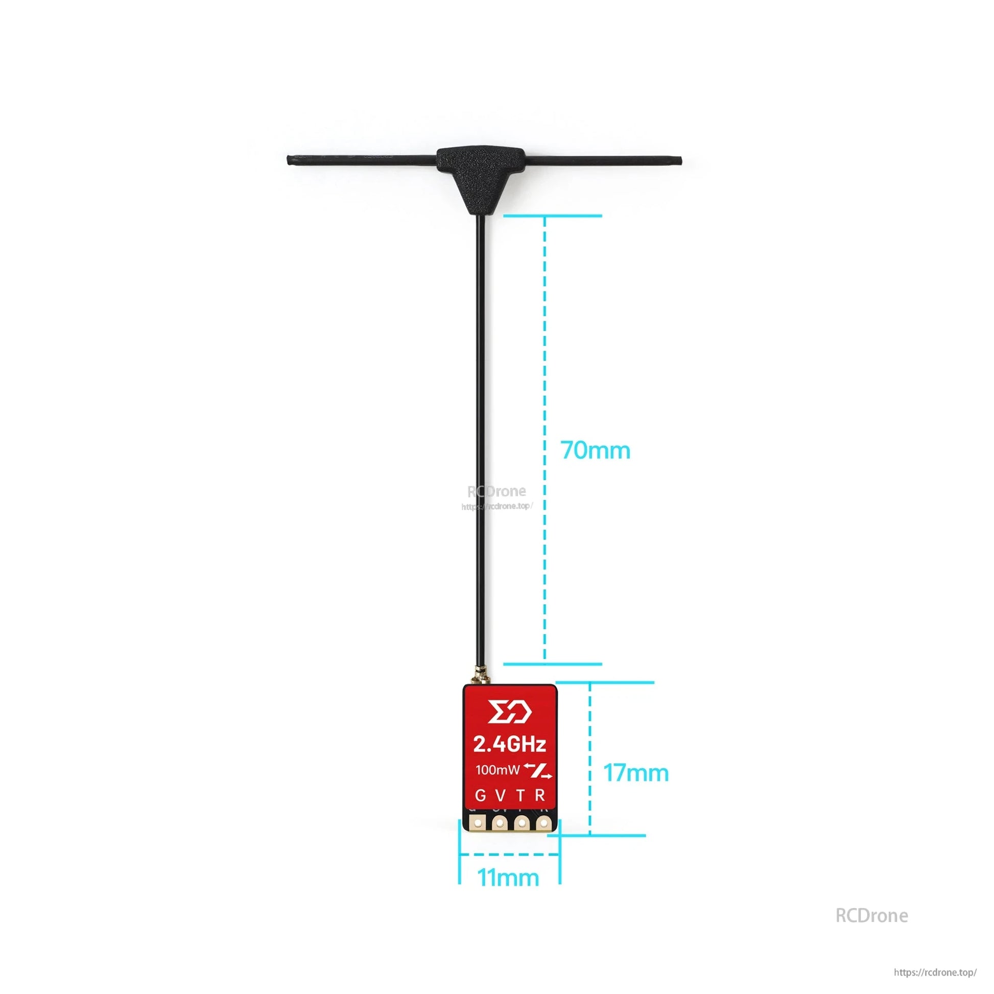 Receiver with T-style antenna and size diagram showing 70mm antenna lead, 17mm height, 11mm width