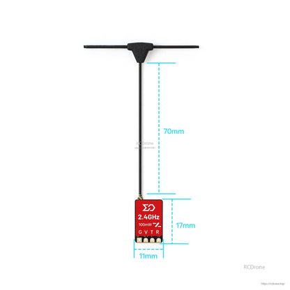 Receiver with T-style antenna and size diagram showing 70mm antenna lead, 17mm height, 11mm width