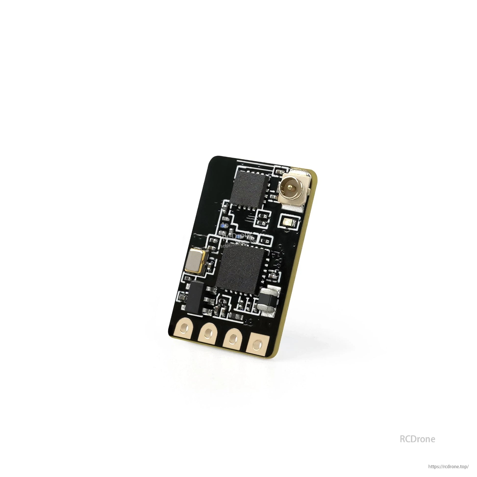 Angled back view of receiver PCB with U.FL antenna connector and solder pads