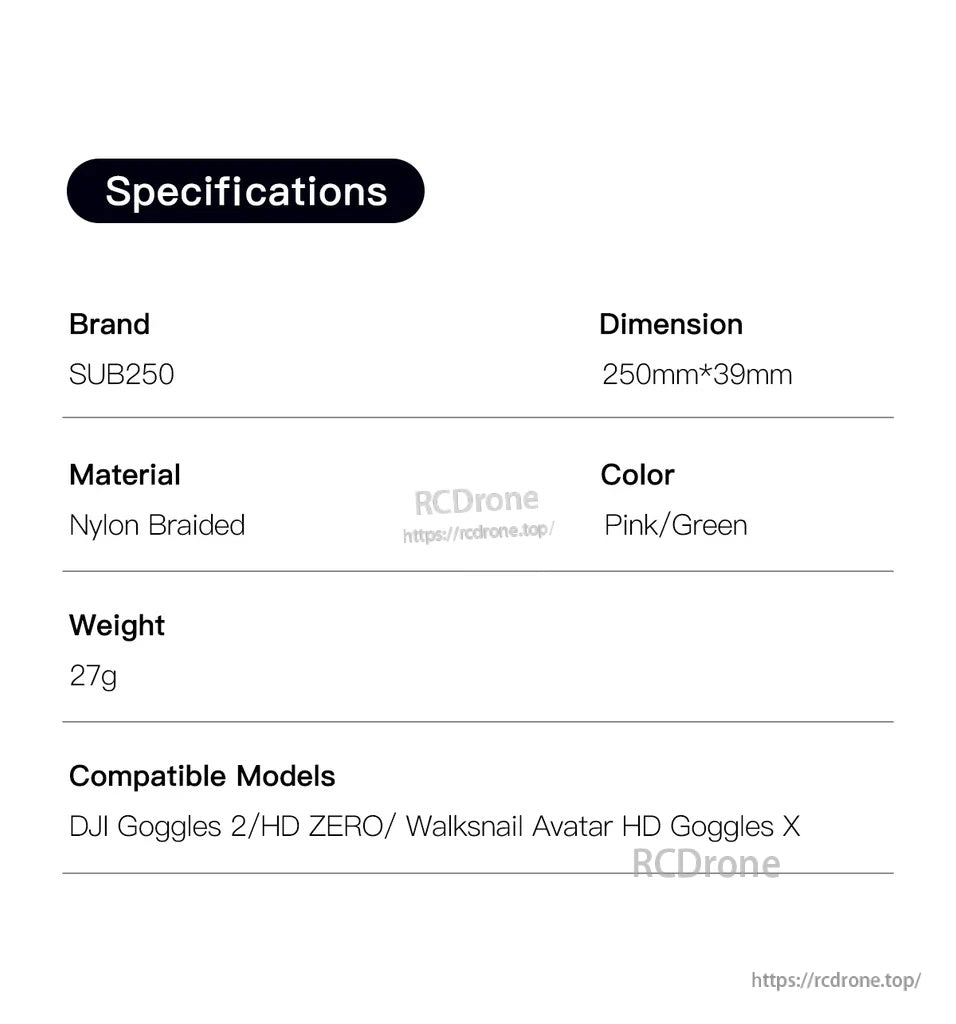 Specifications for Sub250 Adjustable Nylon Braided FPV Goggle Strap: 250×39 mm, 27 g, pink/green