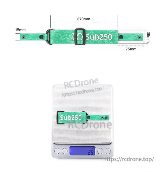Green strap measurement graphic with 370 mm marking, 18 mm narrow end, 39 mm main width, plus 26 g scale