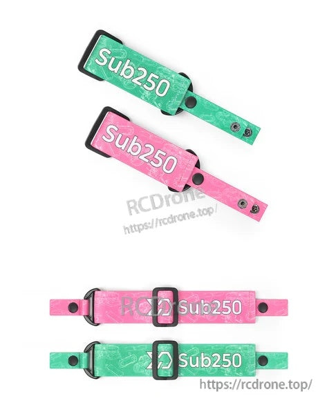 Green and pink Sub250 FPV goggle straps with adjustable slider and Sub250 logo branding