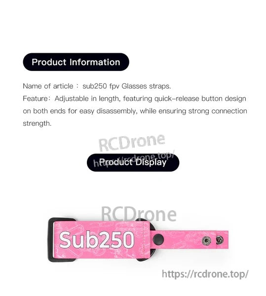Sub250 Adjustable Nylon Braided FPV Goggle Strap in pink with Sub250 logo and quick-release button end
