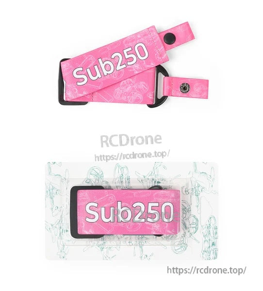 Pink Sub250 FPV glasses strap close-ups highlighting the logo patch, buckle loop, and button connector
