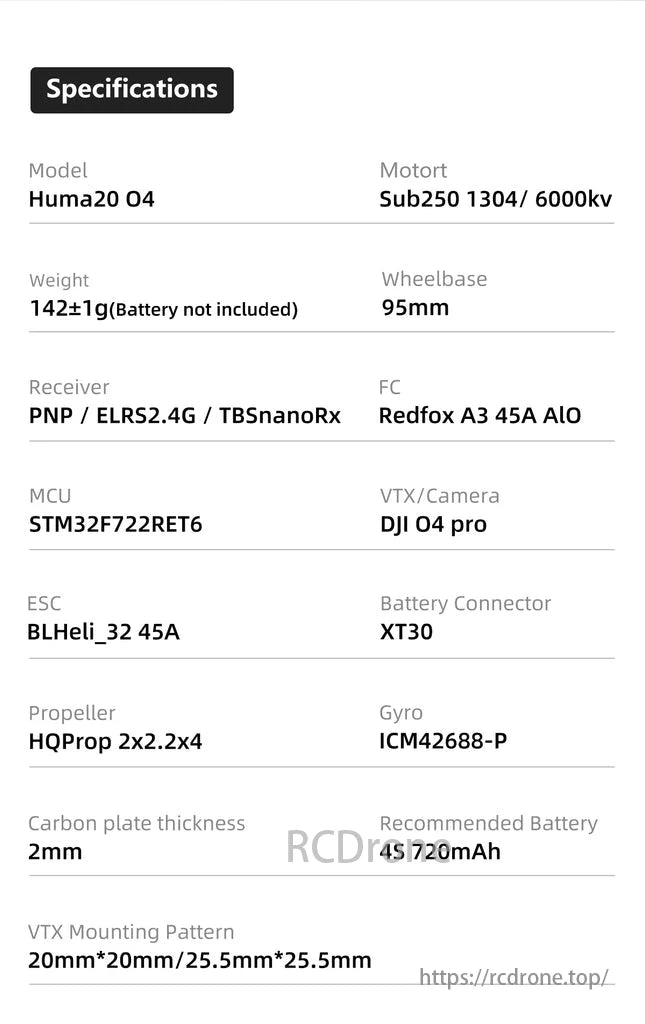 Sub250 Huma20 4S 2-Inch HD CineWhoop FPV, Huma20 O4: 1304/6000kv motor, 95mm wheelbase, 142g weight, PNP/ELRS/TBS nanoRx, STM32F722 MCU, BLHeli_32 45A ESC, HQProp 2x2.2x4 props, 4S 720mAh battery.