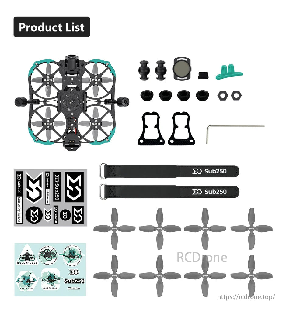 Sub250 Huma20 4S 2-Inch HD CineWhoop FPV, Sub250 drone product list includes drone, propellers, stickers, straps, and customization accessories.