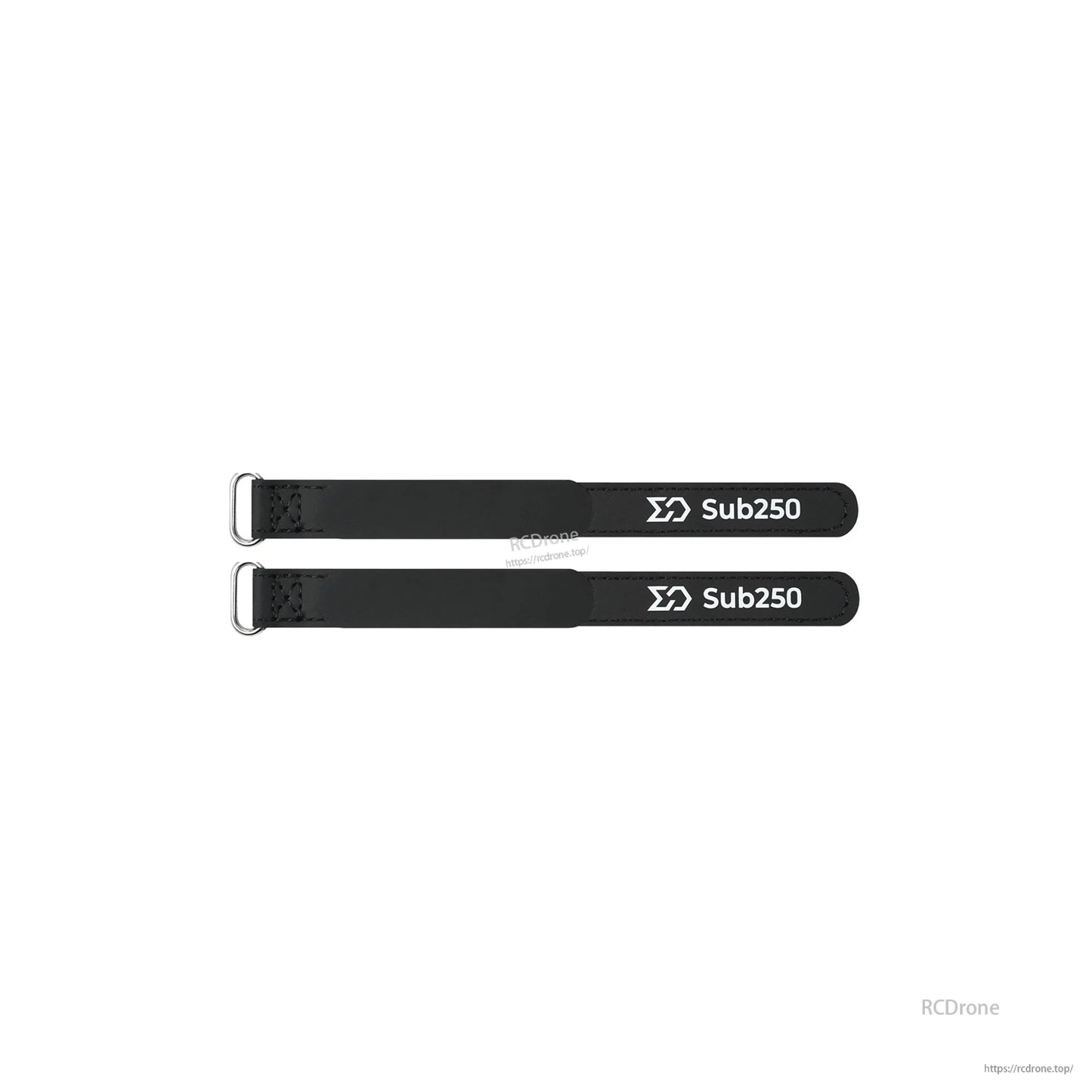 Two black battery straps with metal buckles, printed “Sub250” branding