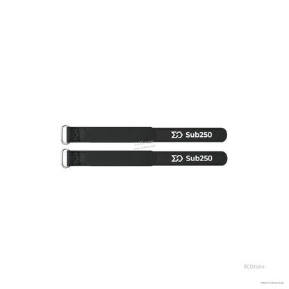Two black battery straps with metal buckles, printed “Sub250” branding
