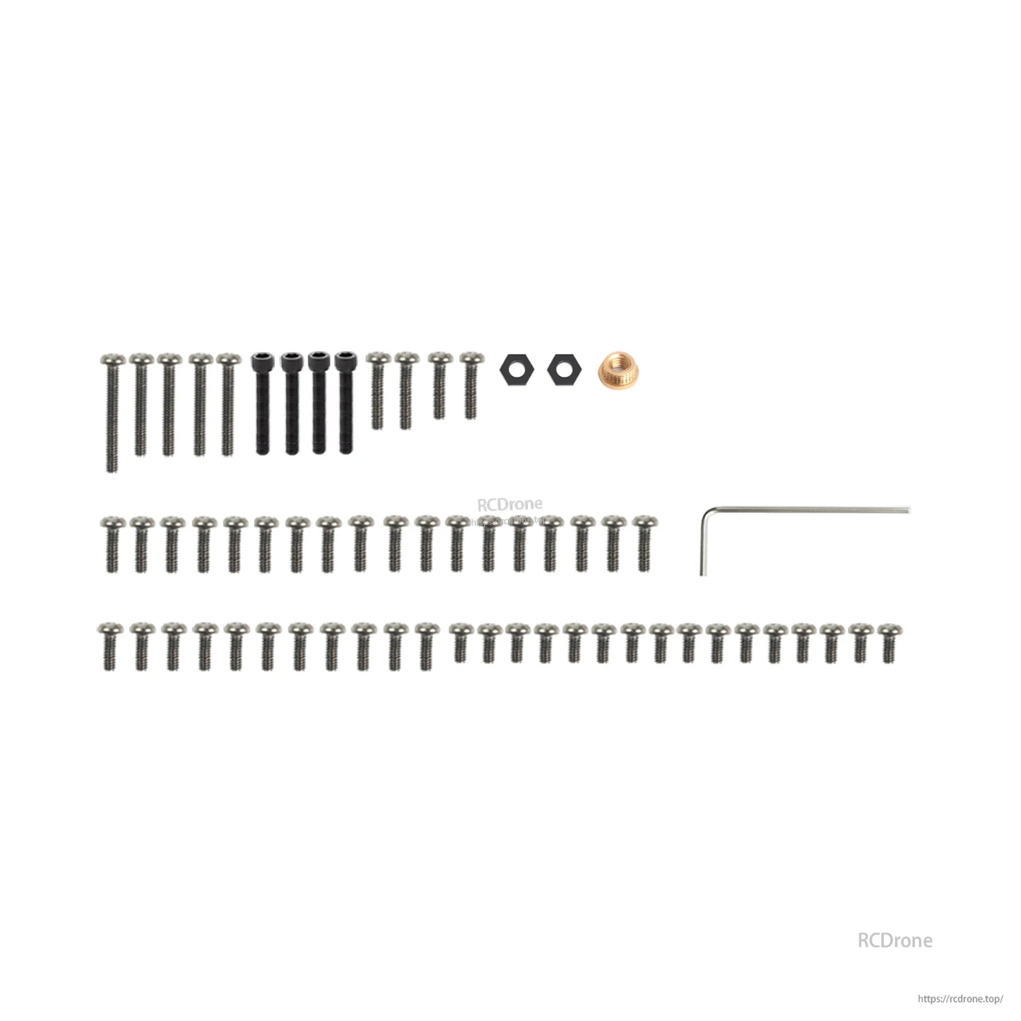 Screw and hardware kit with assorted bolts, nuts, washers, and L-shaped hex key