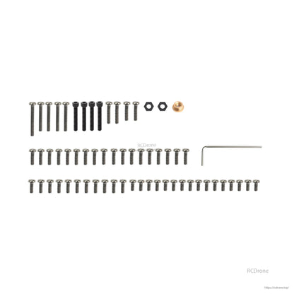 Screw and hardware kit with assorted bolts, nuts, washers, and L-shaped hex key
