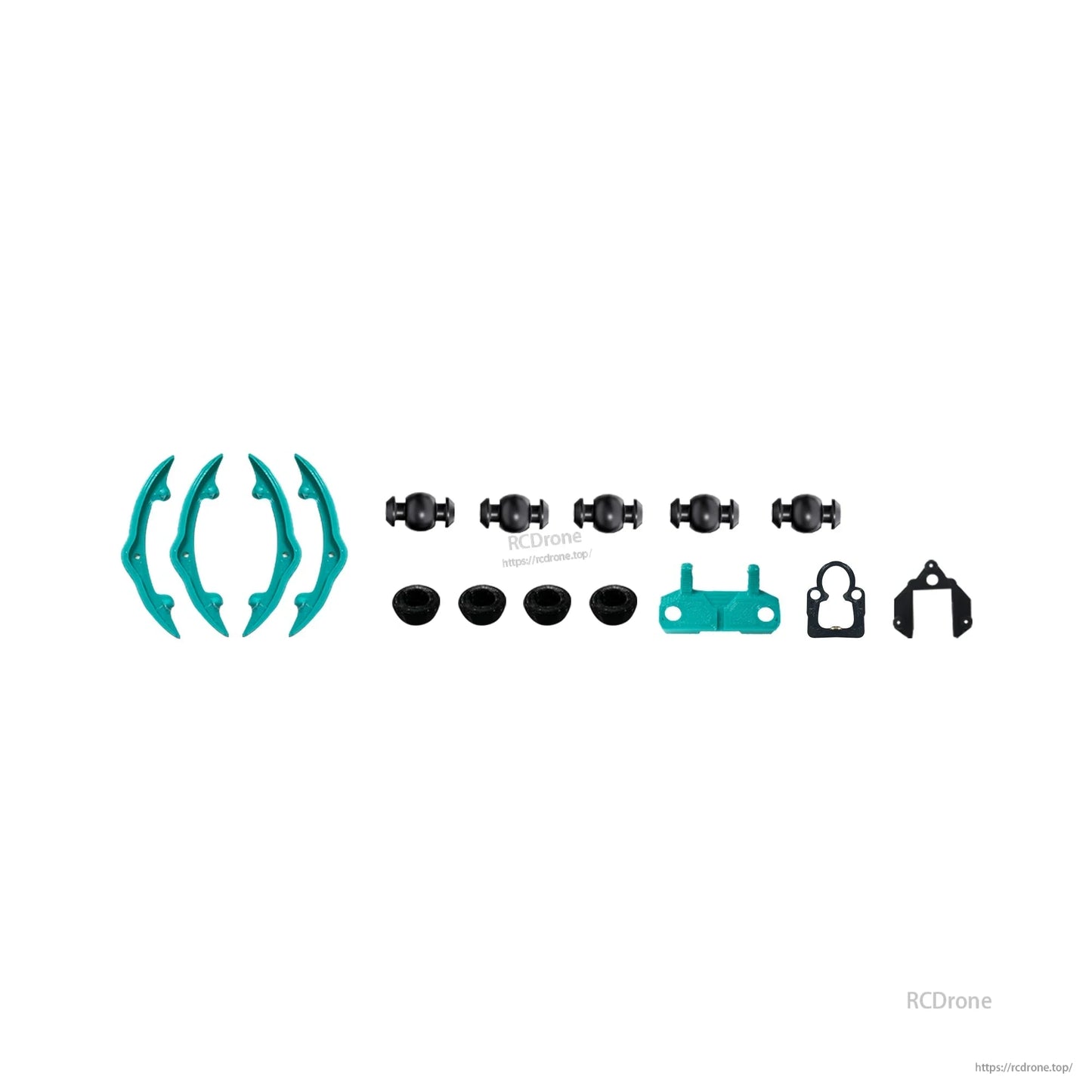 Replacement parts set with teal corner bumpers, rubber grommets, small mounts, and brackets