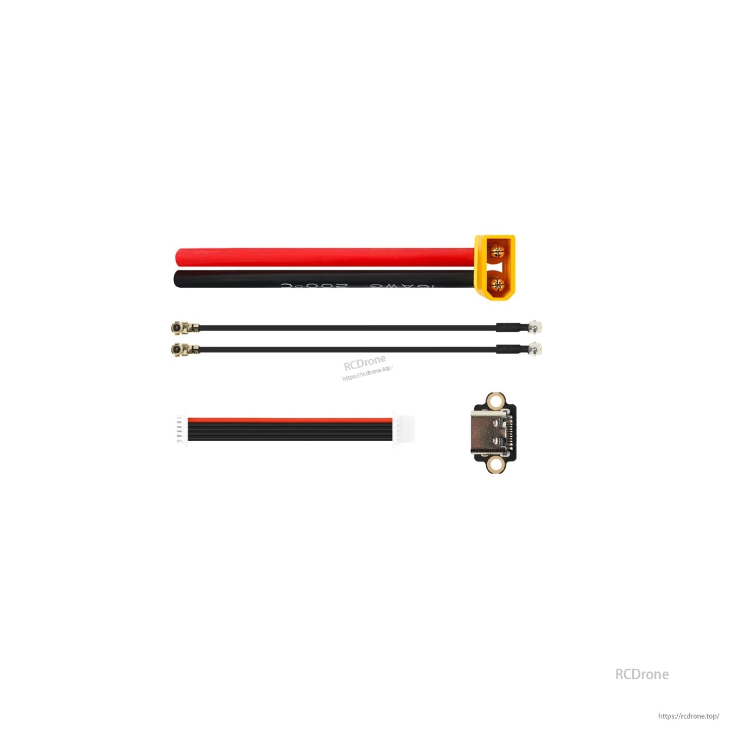 Power lead, coax cables, ribbon cable, and small electronic module with mounting tabs