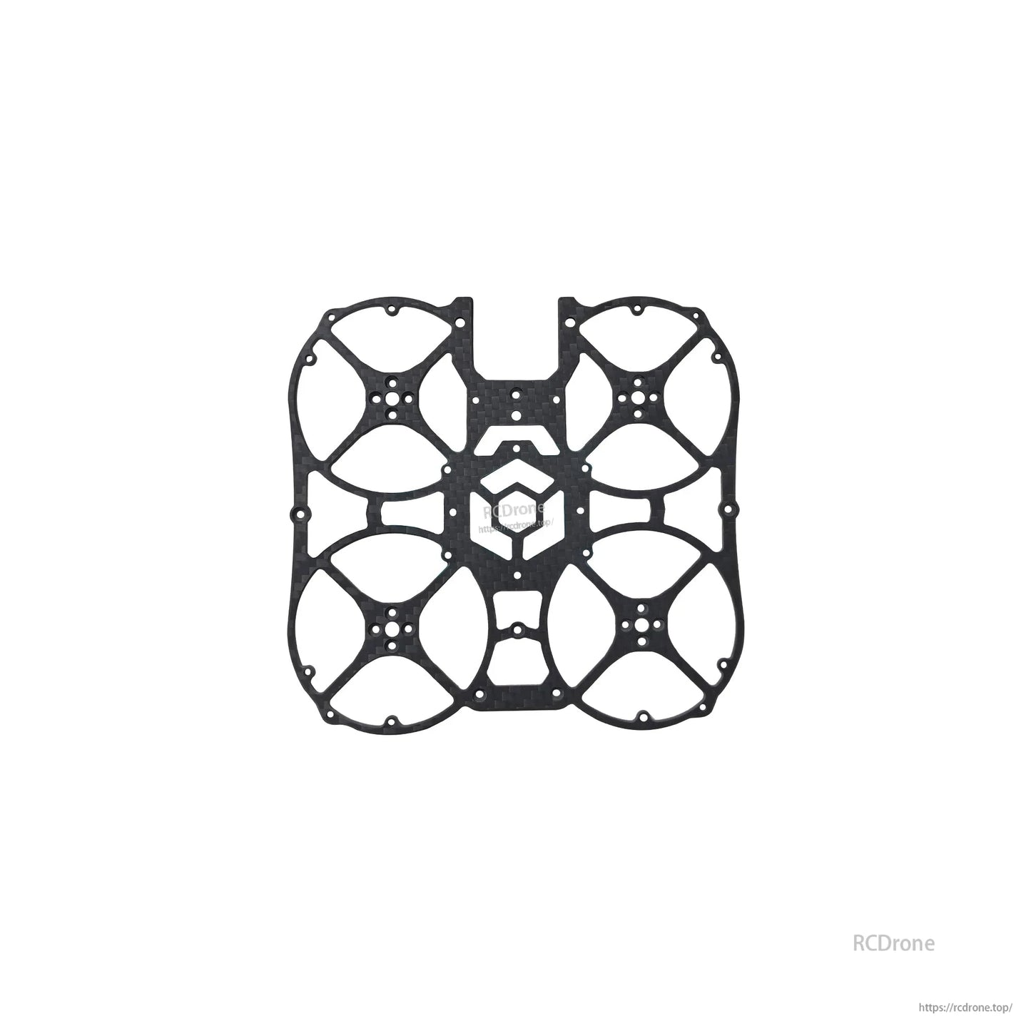 Carbon fiber main frame plate with motor mount hole patterns and center logo cutout