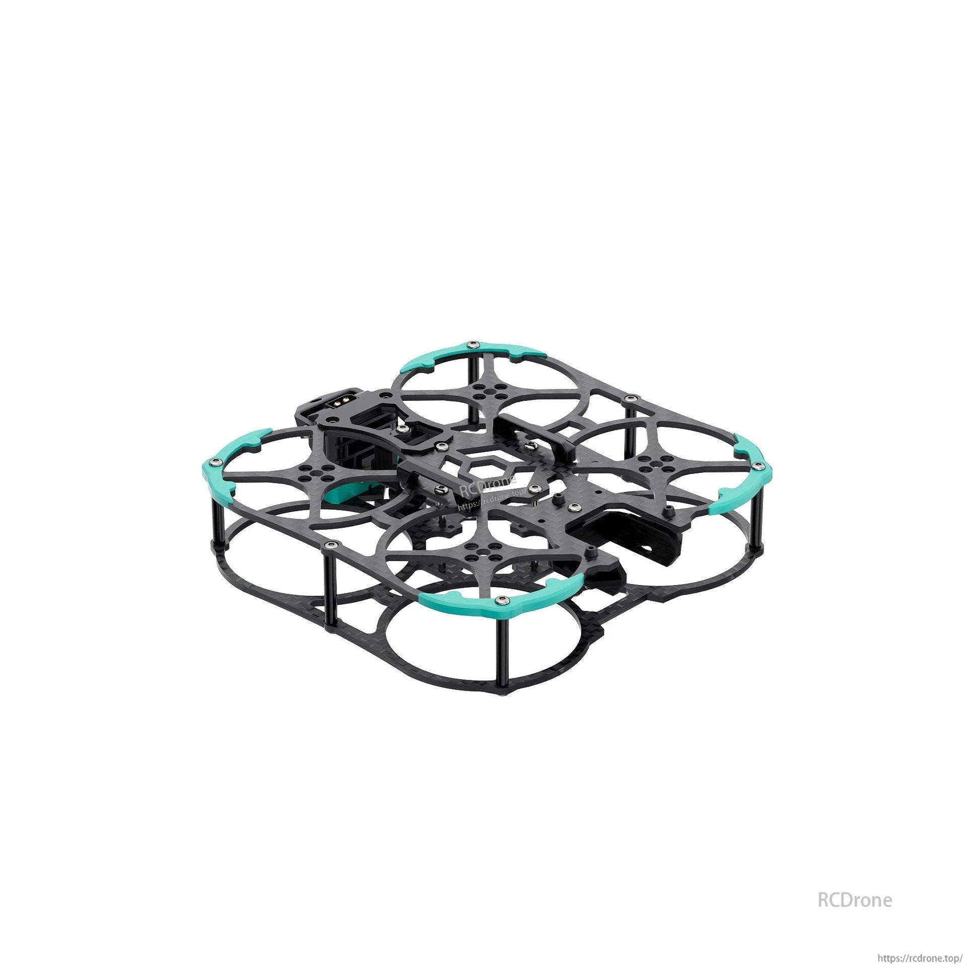 Angled side view of assembled ducted frame with carbon fiber plates and teal corner bumpers