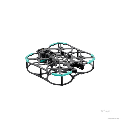 Angled side view of assembled ducted frame with carbon fiber plates and teal corner bumpers