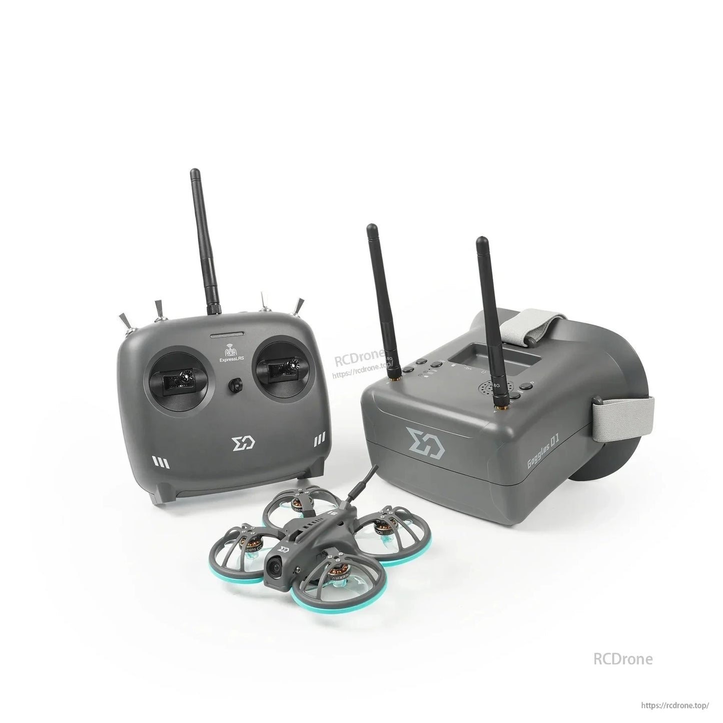 FPV goggles with dual antennas and head strap beside MicroRadio transmitter and micro whoop quad