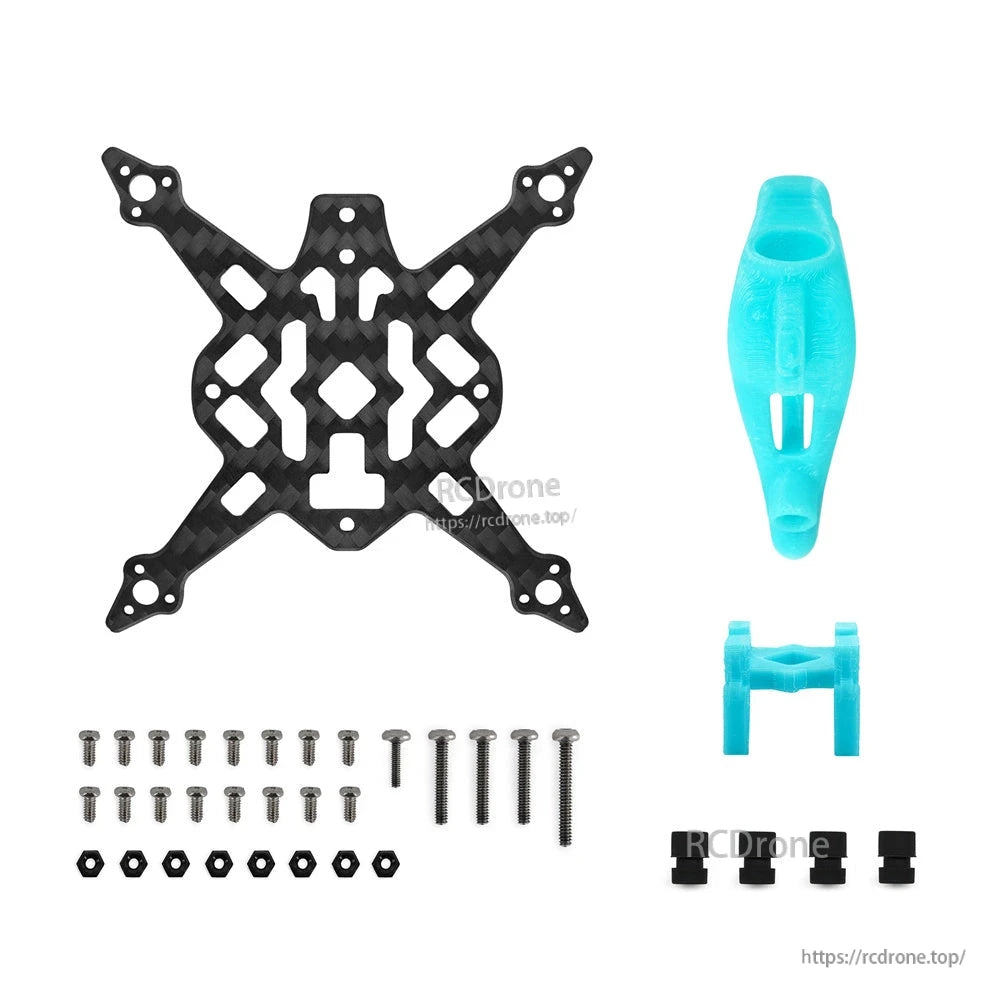Frame kit parts layout: carbon fiber plate, TPU canopy, mount bracket, screws, nuts and standoffs