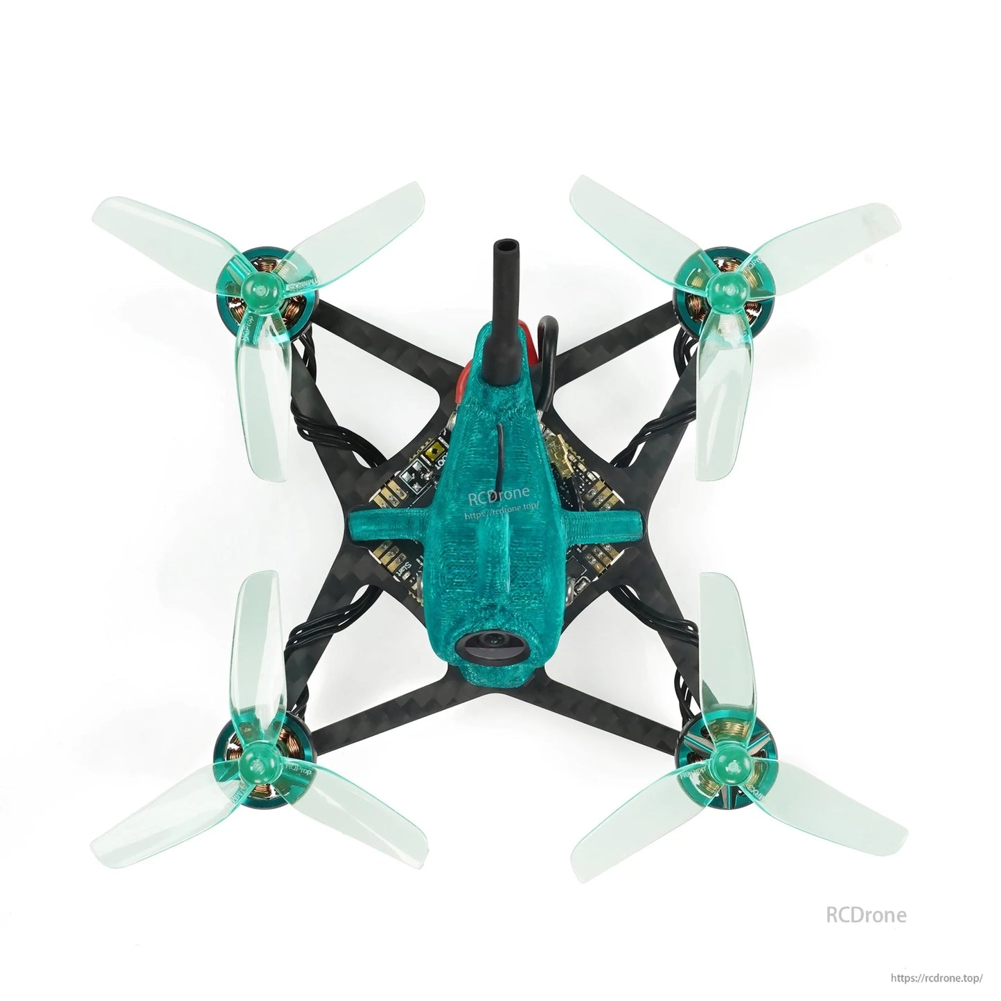 Top-down view showing X-frame layout, four motors, teal canopy, and propeller orientation