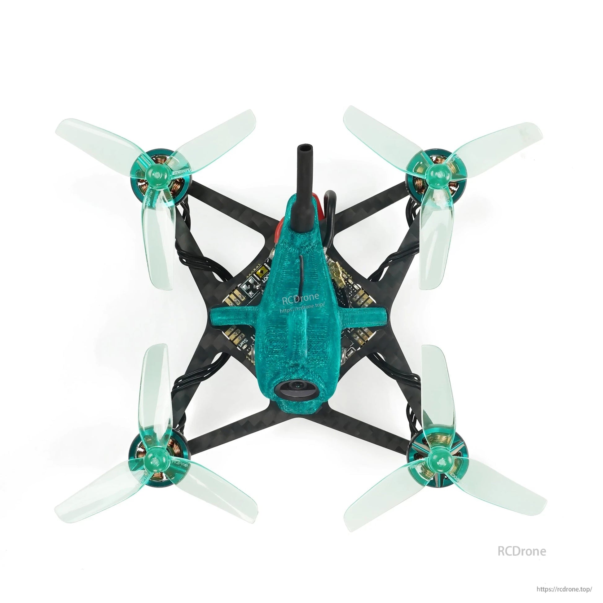 Top-down view showing X-frame layout, four motors, teal canopy, and propeller orientation
