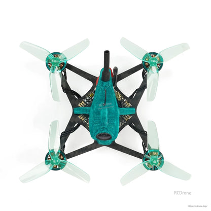 Top-down view showing X-frame layout, four motors, teal canopy, and propeller orientation