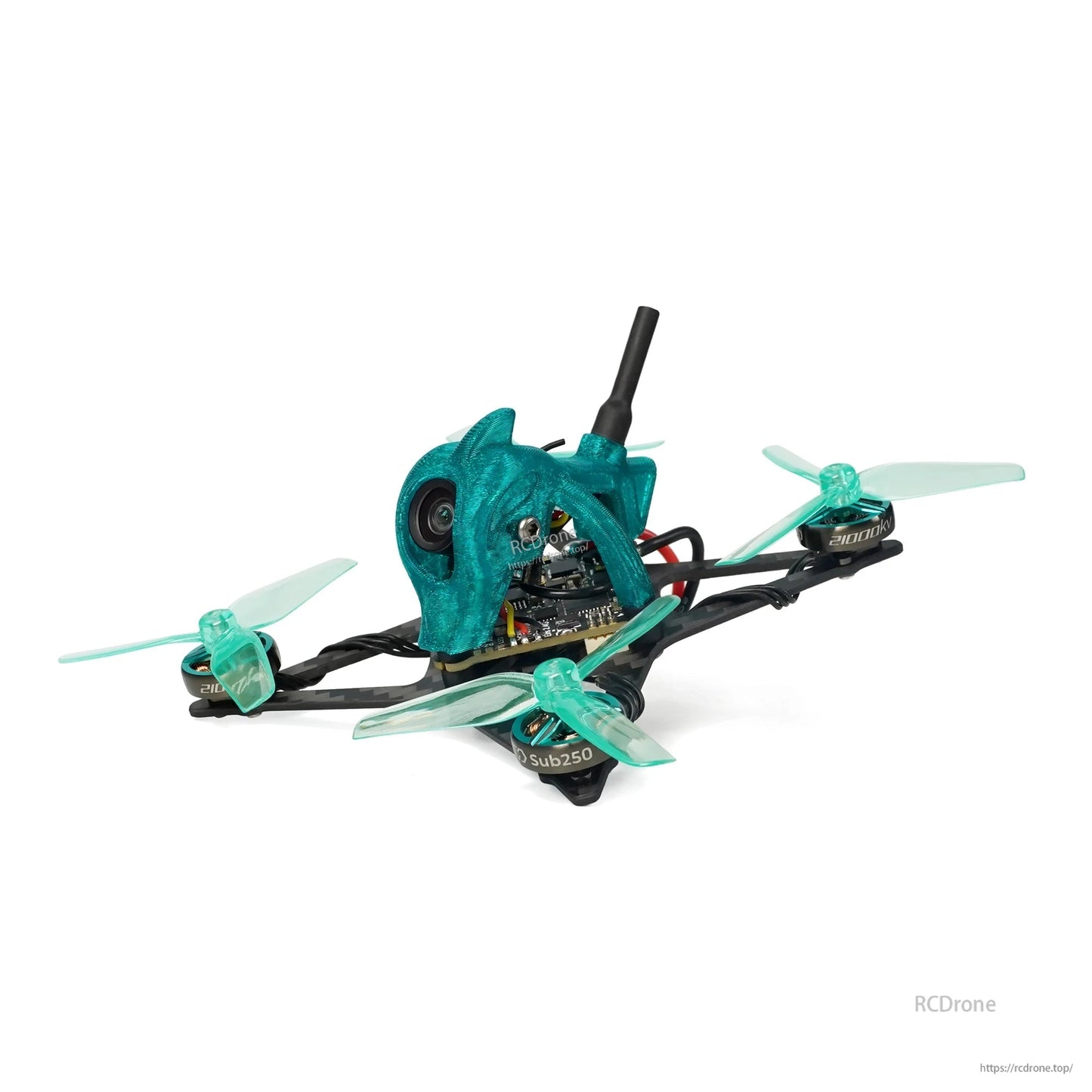 Side angle view with canopy off-center, showing flight controller stack, wiring, and motor mounts