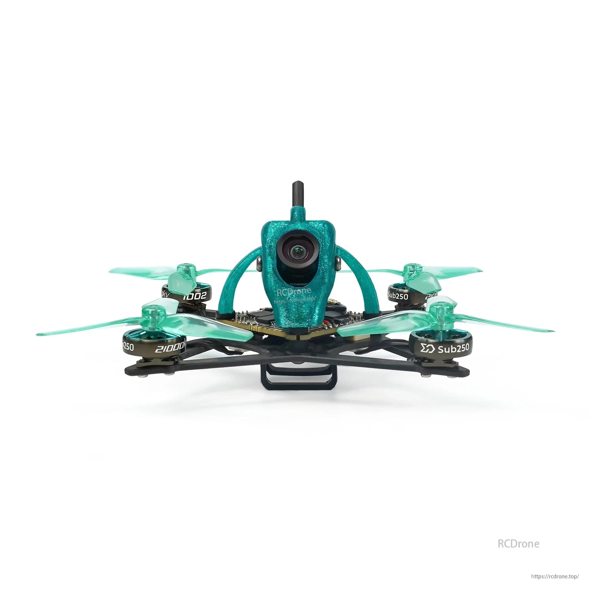 Sub250 Nanofly20 micro quad front view showing FPV camera, teal canopy, and 2-inch propellers