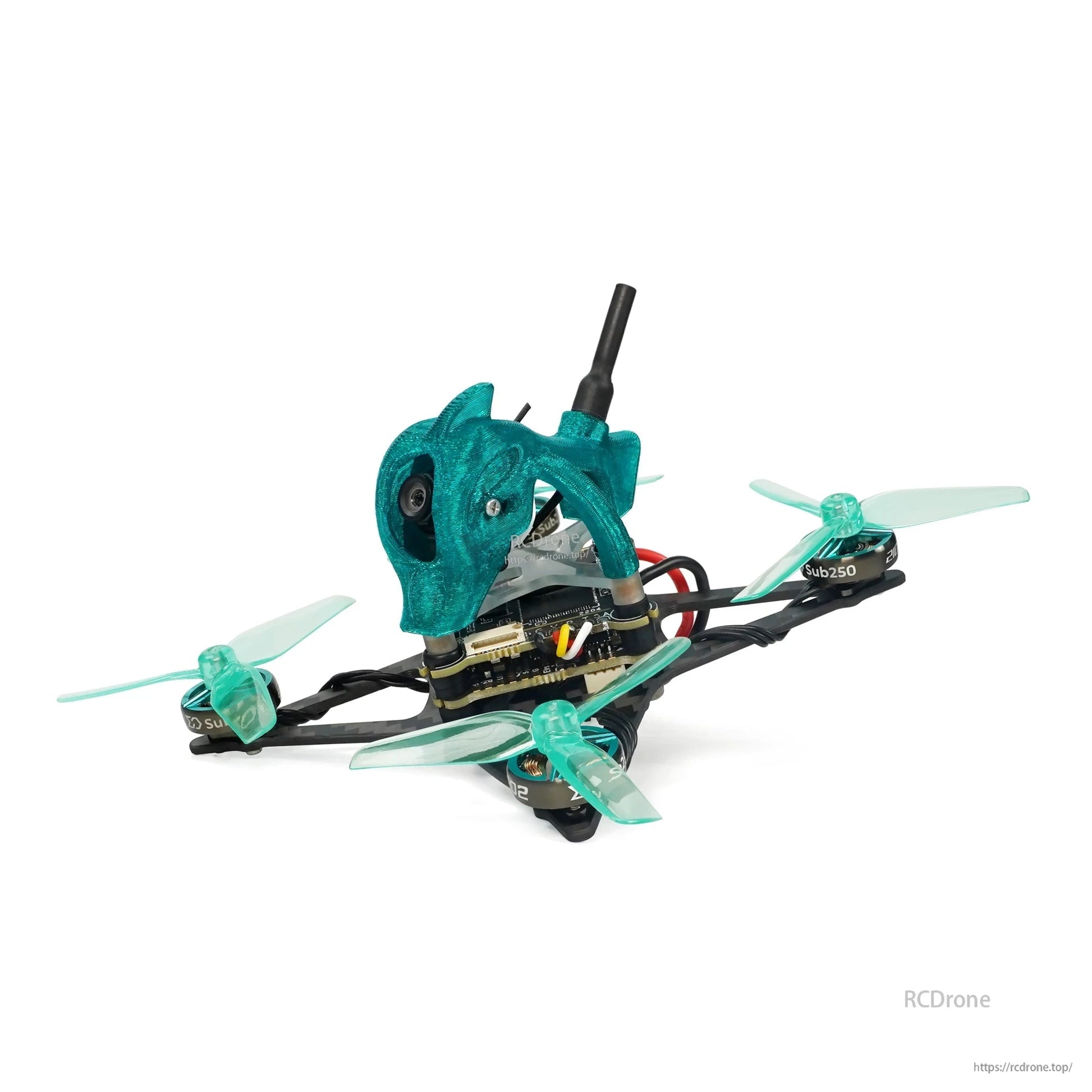 Side angle view showing Nanofly20 micro drone electronics stack, wiring, and rear-mounted antenna