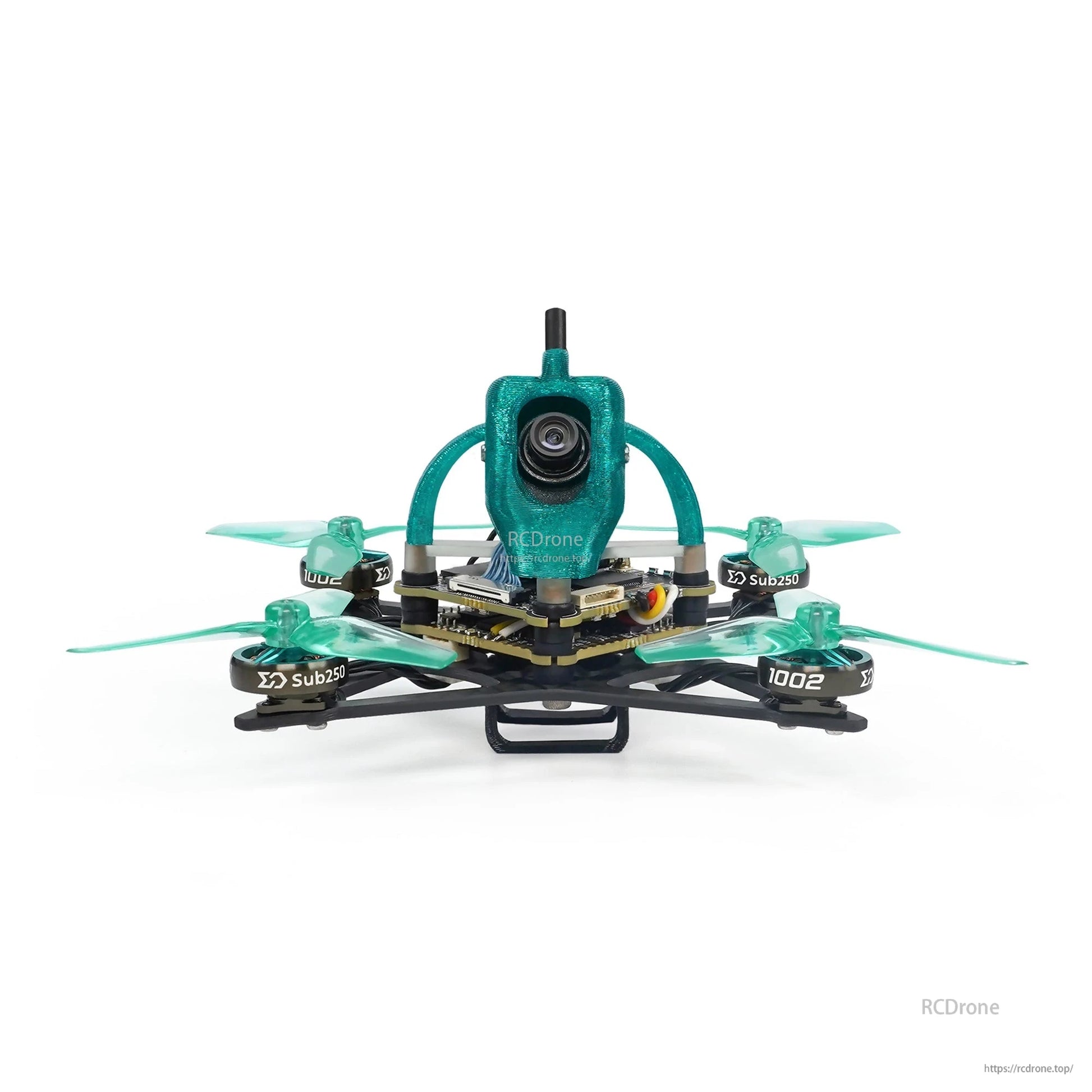 Front view of Sub250 Nanofly20 2-inch micro drone showing FPV camera and prop guards-free frame layout