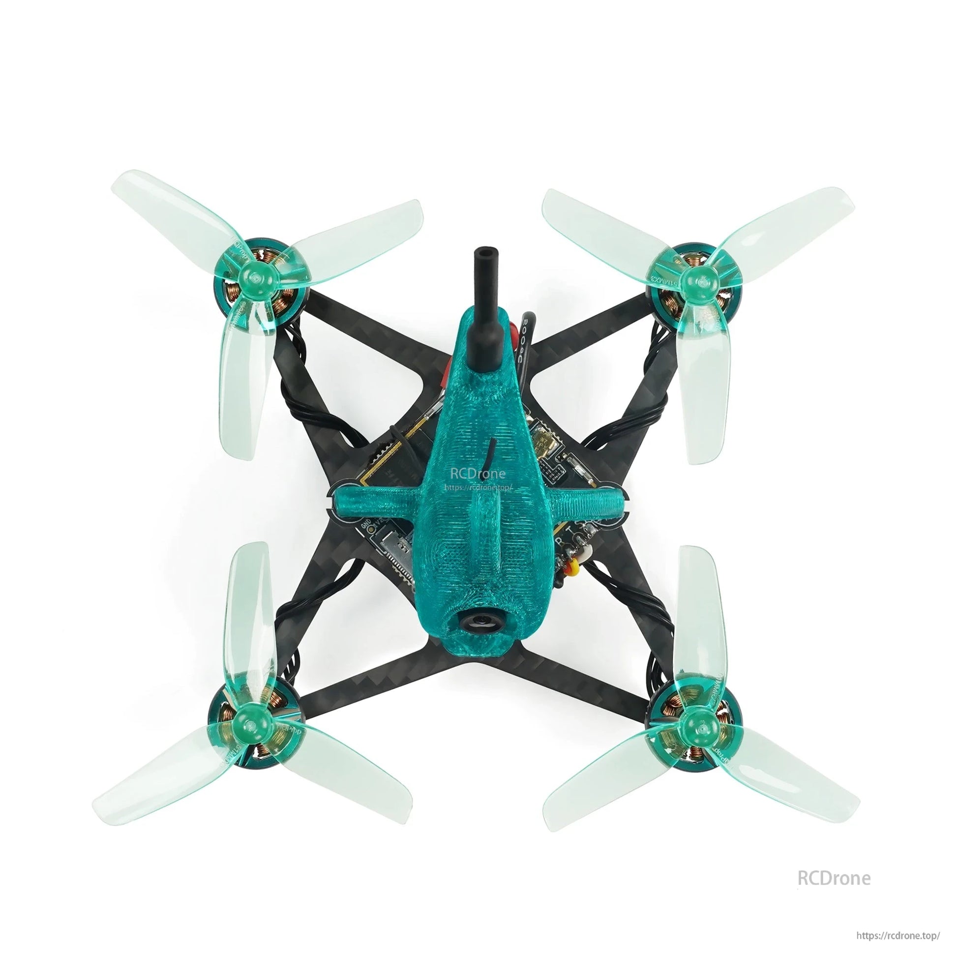 Top-down view of the micro quadcopter showing teal canopy, four motors, and X-frame layout