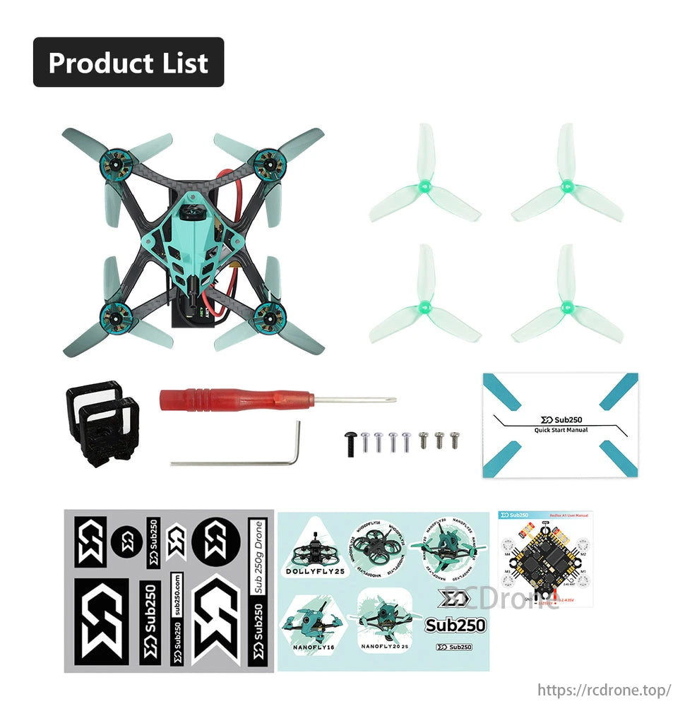 Sub250 Nanofly20 2S 2-Inch HD Micro Freestyle FPV, The product list includes the Sub250 Nanofly20 2S drone, propellers, tools, manual, stickers, and electronic parts.