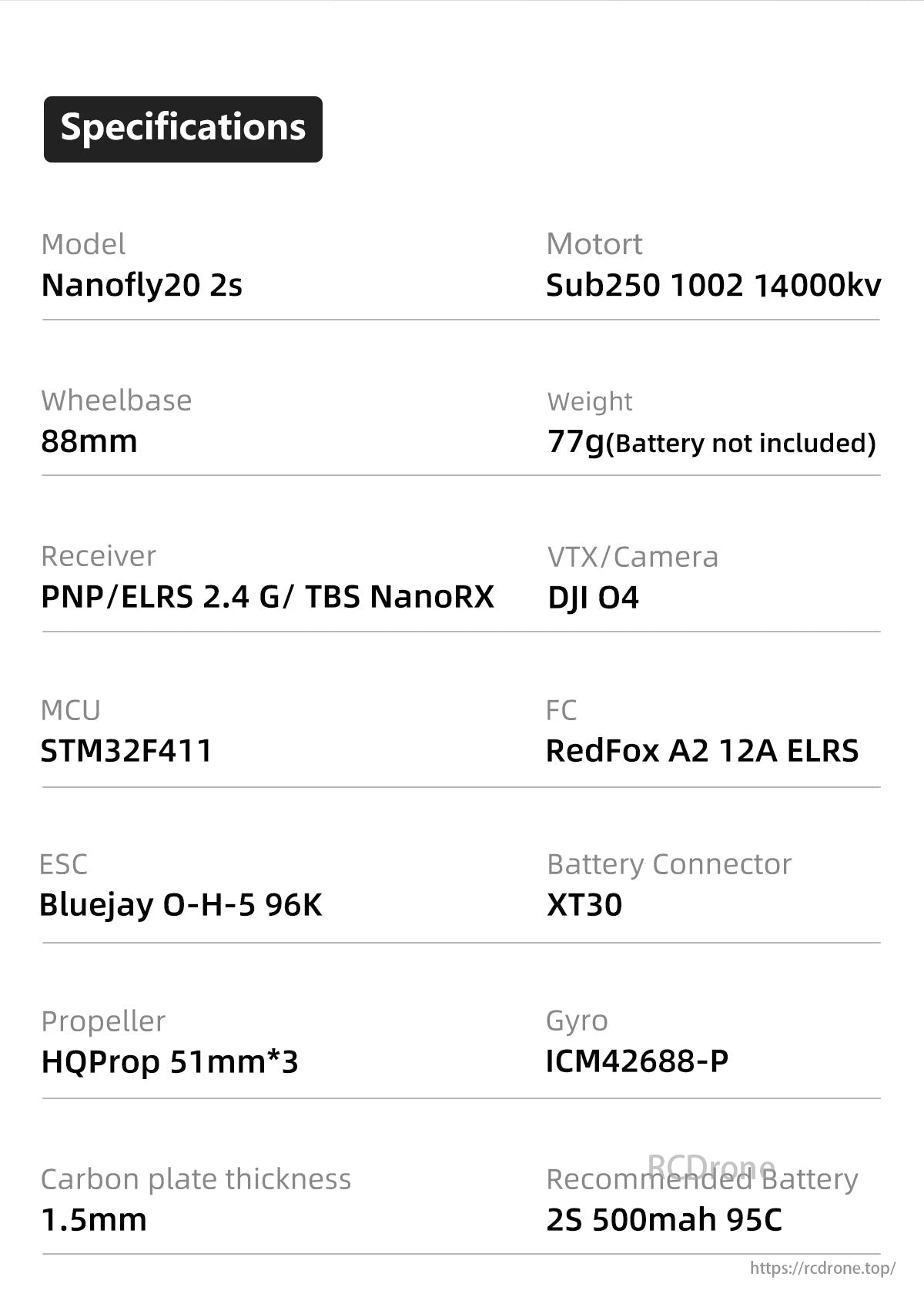 Sub250 Nanofly20 2S 2-Inch HD Micro Freestyle FPV, Nanofly20 2s: Sub250 motor, 88mm wheelbase, 77g, PNP/ELRS, DJI VTX/cam, STM32F411, Bluejay ESC, HQProp 51mm, 1.5mm carbon, 2S 500mAh battery.