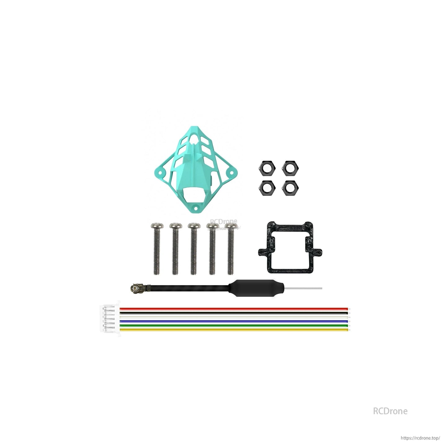 Package contents: canopy, screws, nuts, battery holder bracket, small tool, and multicolor wire lead