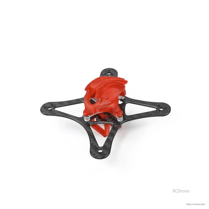 Red canopy version on carbon frame plate, angled top view of battery holder mount
