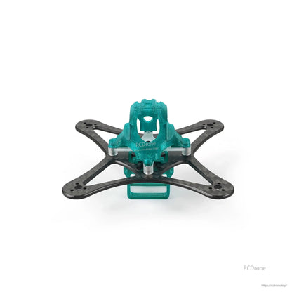 Teal canopy frame assembly, front view showing camera mount opening and battery cradle