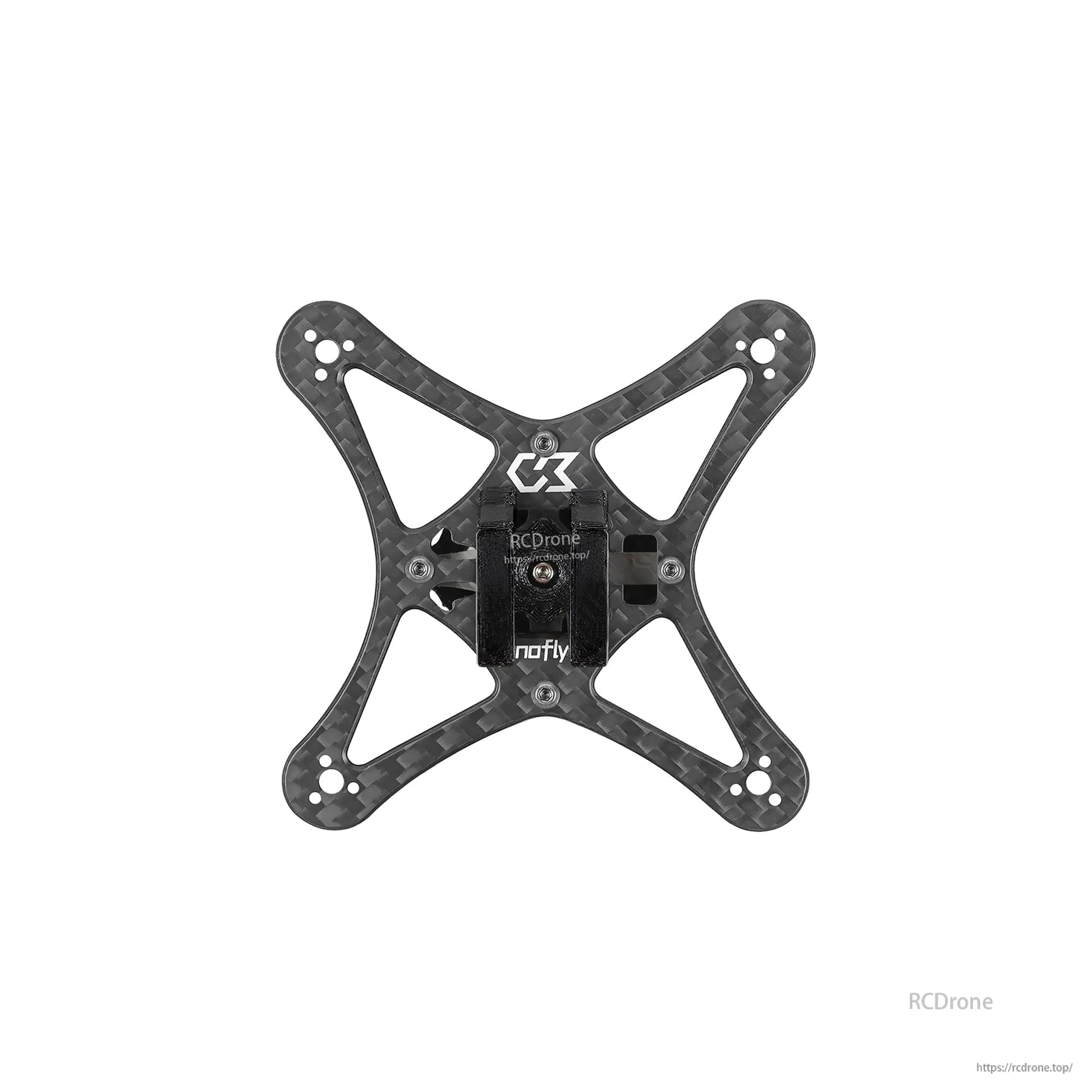 Top-down view of carbon fiber frame plate with mounting holes and center bracket, Nanofly20