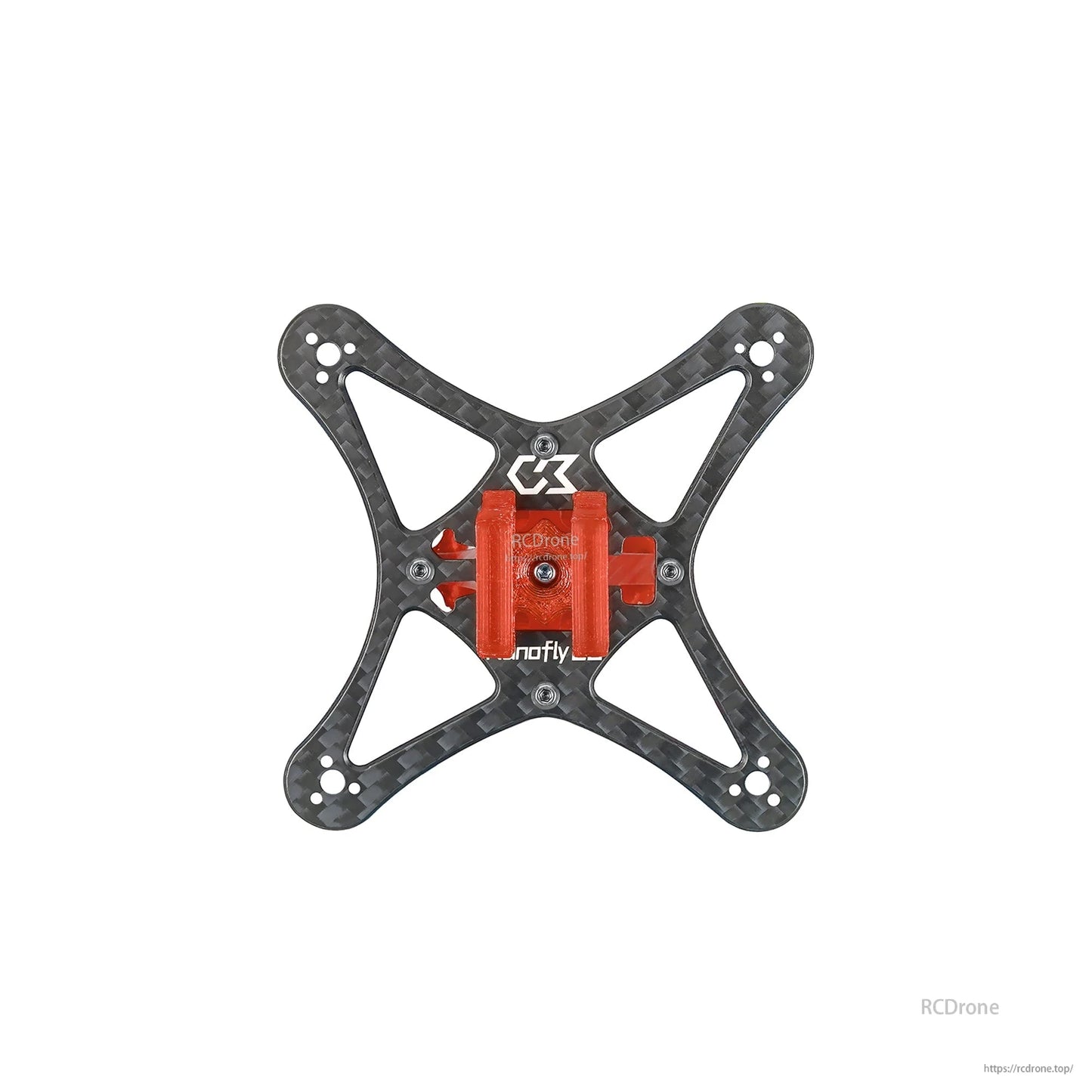 Top view of carbon plate with red battery holder mount installed at center