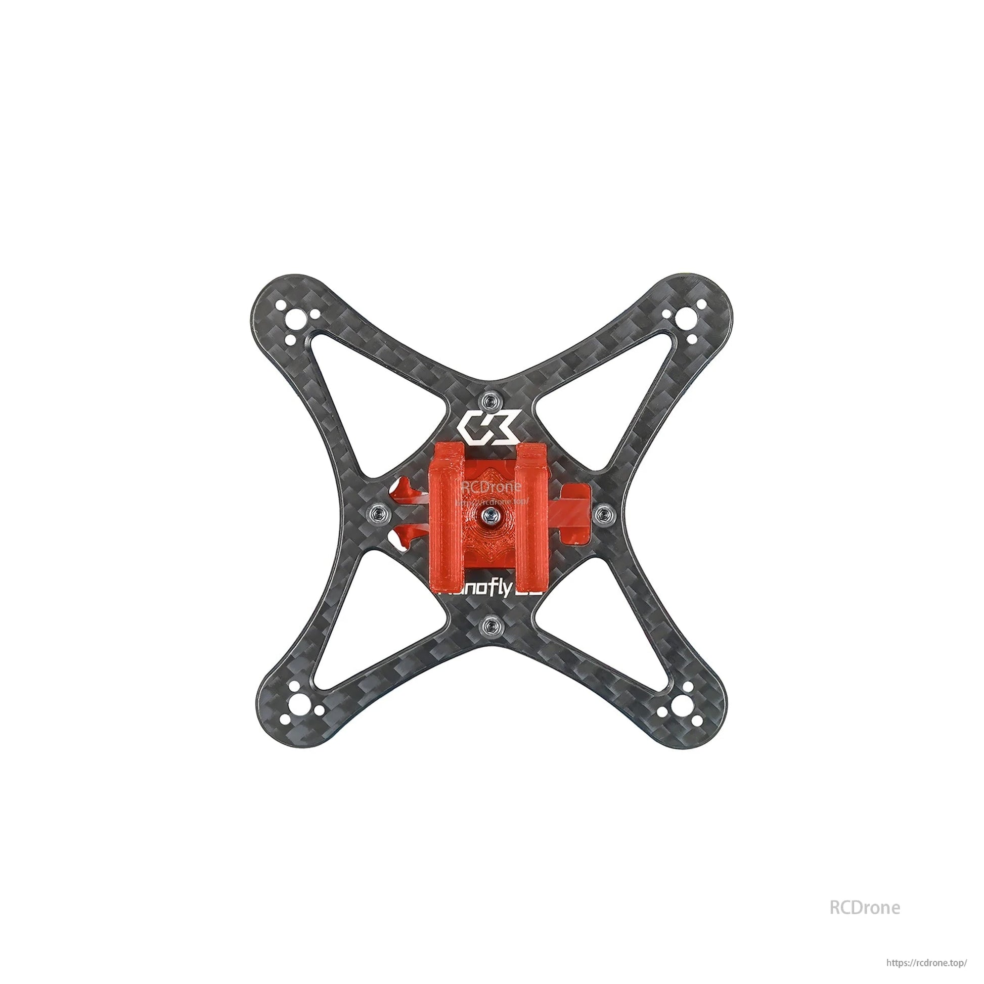 Top view of carbon plate with red battery holder mount installed at center