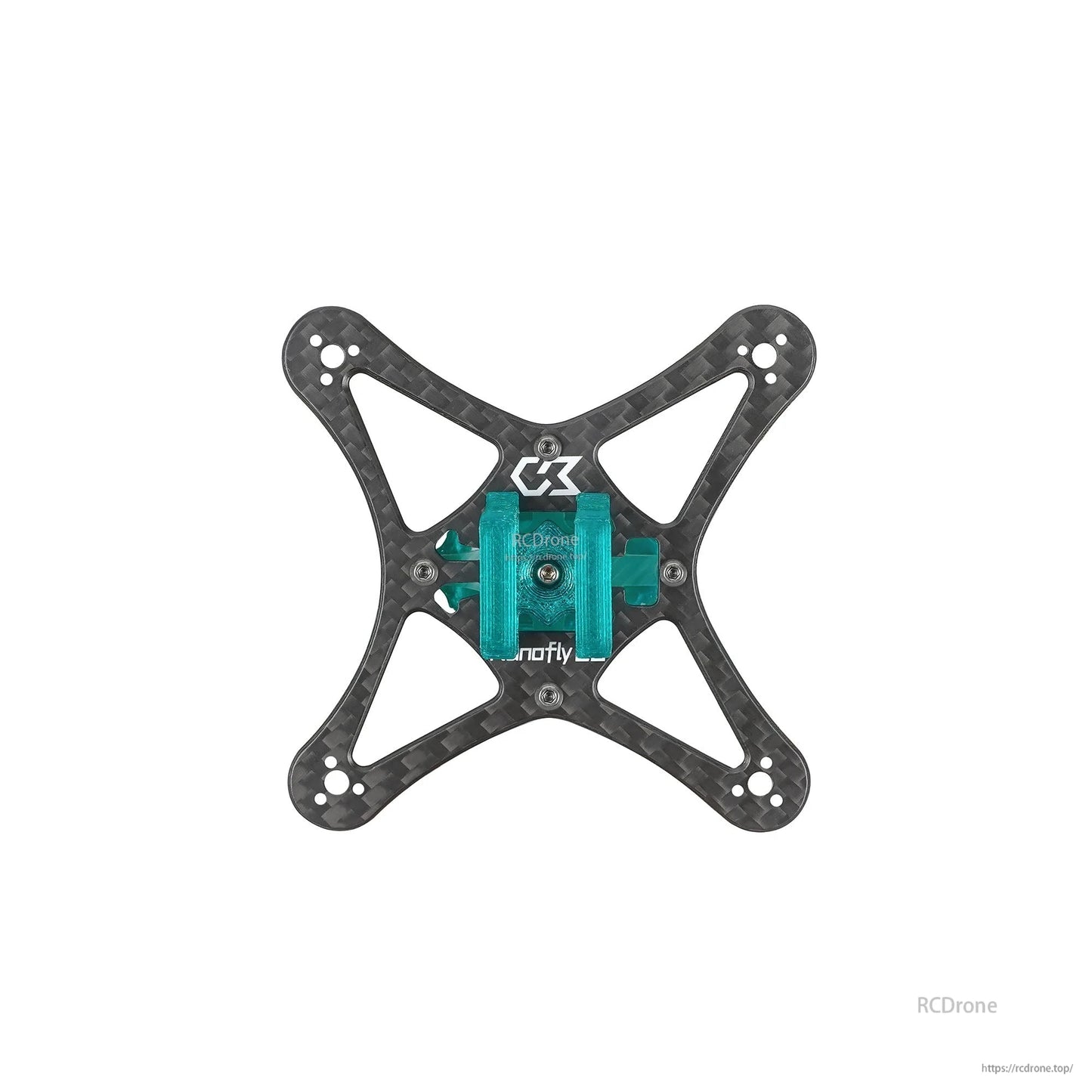 Top view of carbon plate with teal battery holder mount installed at center