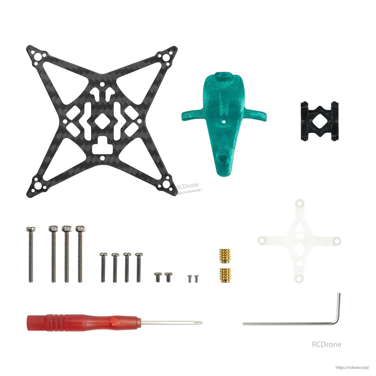 Package contents: carbon base plate, canopy, center mount, screws, inserts, hex key and screwdriver