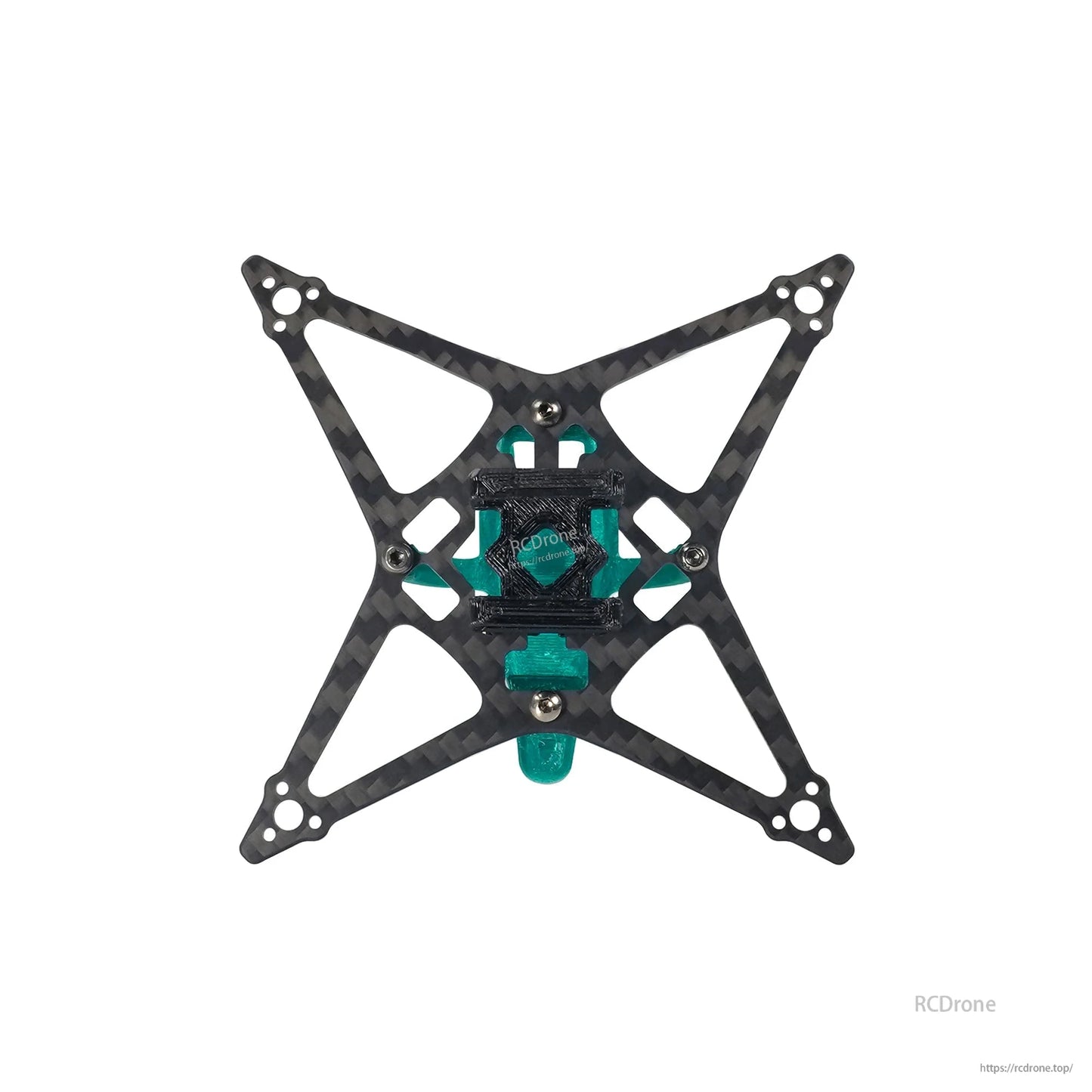 Top-down view of assembled carbon fiber X frame with center stack mount pattern