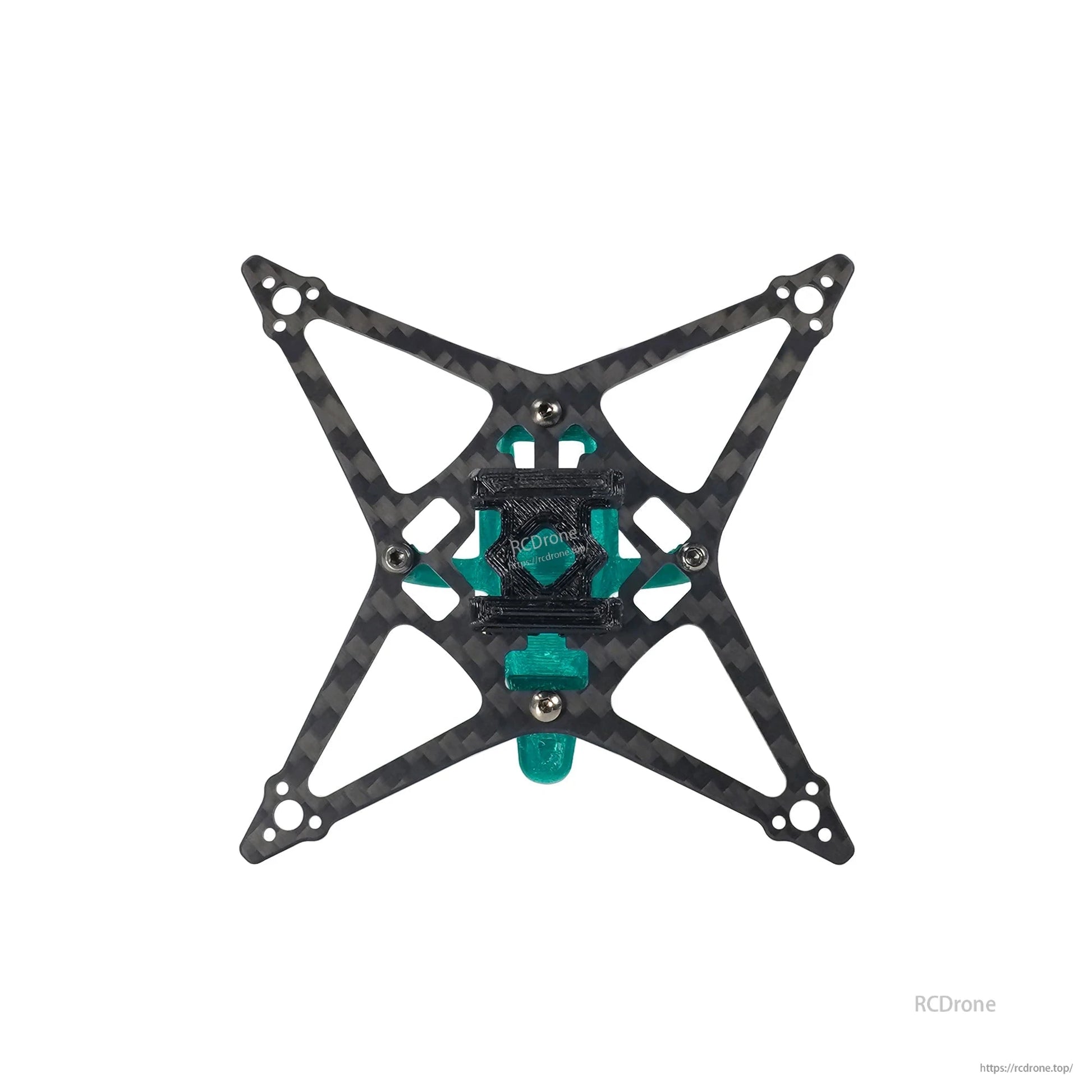 Top-down view of assembled carbon fiber X frame with center stack mount pattern