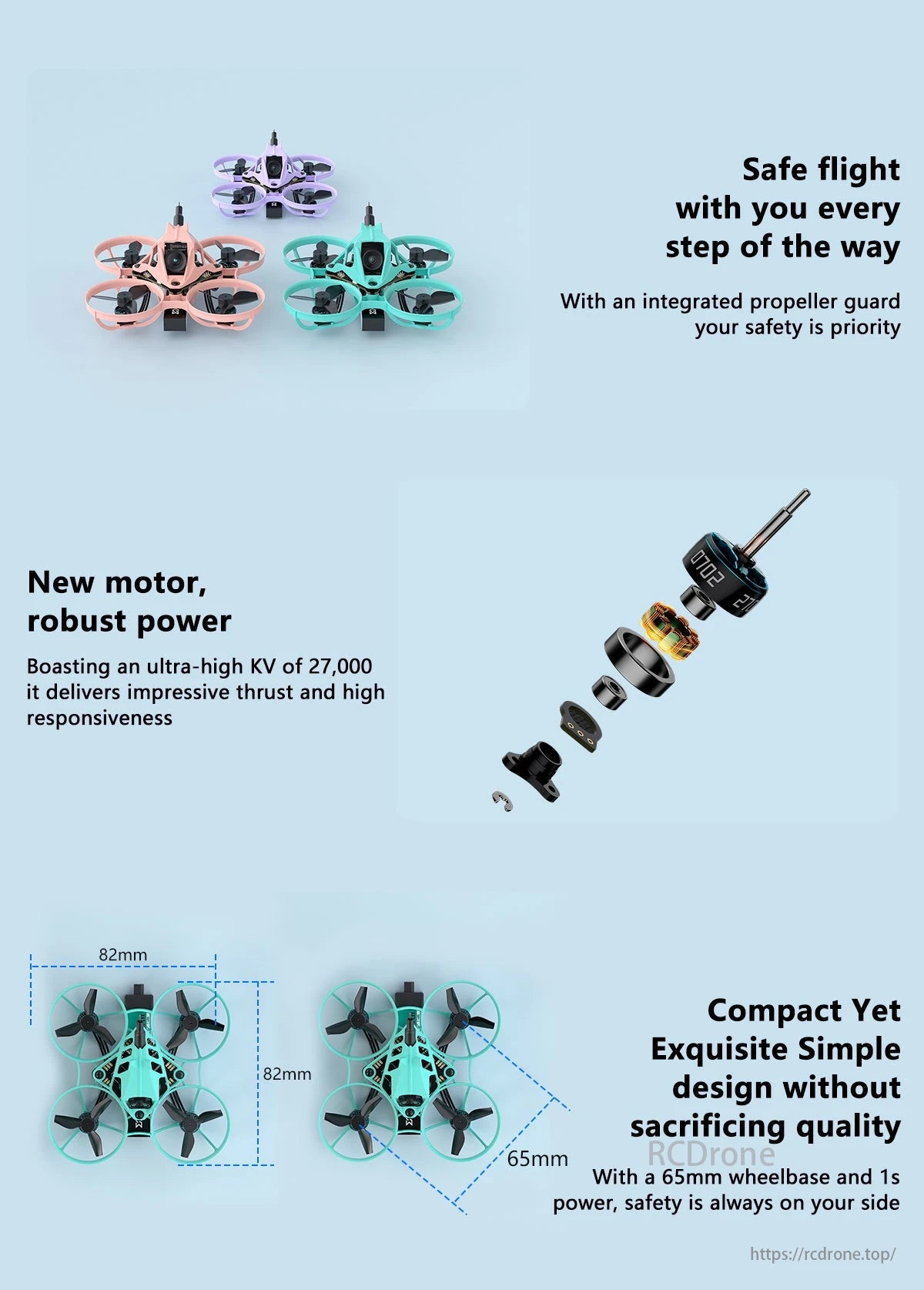 Sub250 Nimble65 65mm 1S Analog Mini Whoop FPV, Nimble65 features safe flight with integrated propeller guard, a new 27,000 KV motor for robust power, and a compact 65mm design ensuring quality, safety, impressive thrust, and responsiveness.