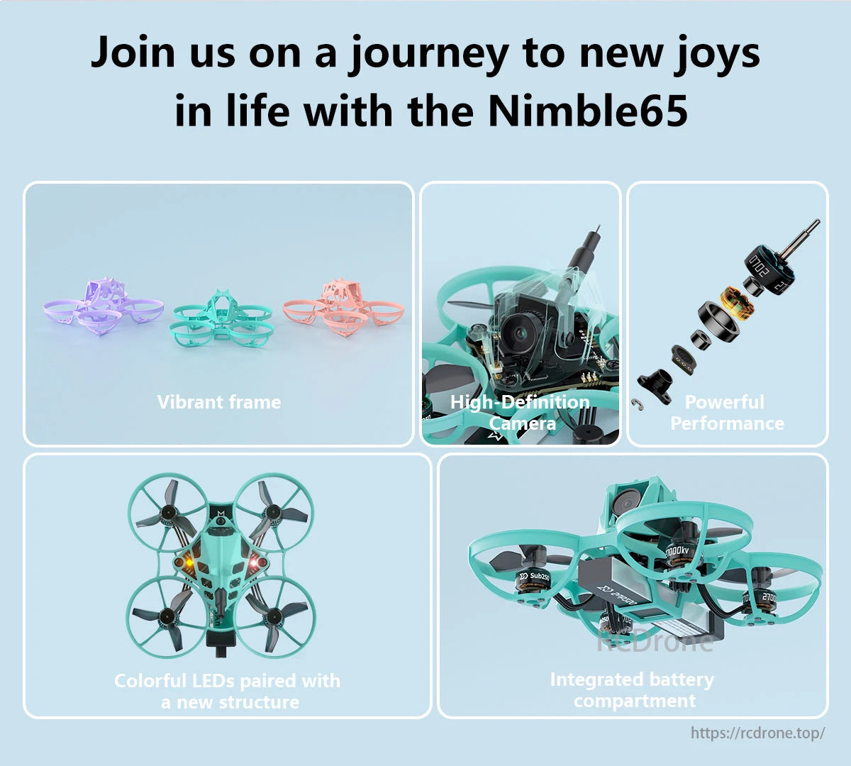 Sub250 Nimble65 65mm 1S Analog Mini Whoop FPV, Nimble65 offers vibrant frames, high-definition camera, powerful performance, colorful LEDs, and integrated battery for life's new joys.